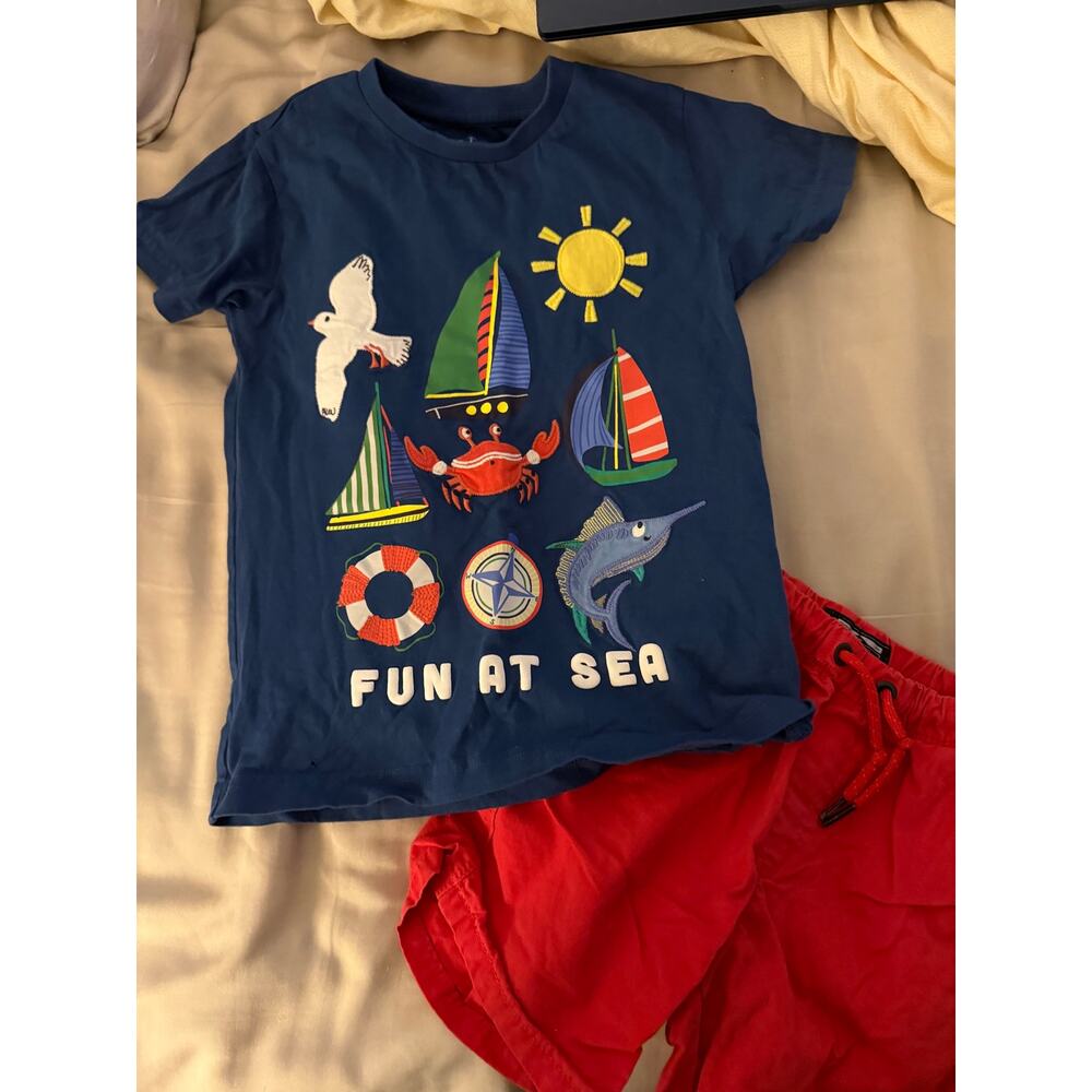 Next Blue Fun at Sea Shirt and red shorts size 4-5